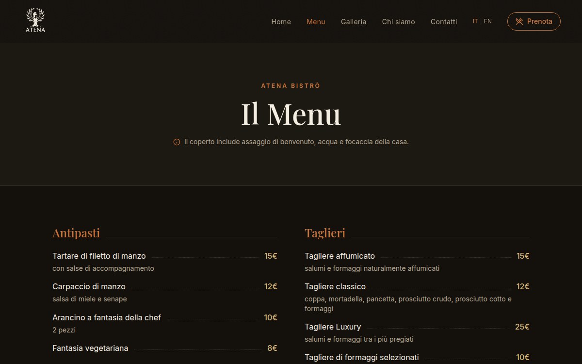 Il menu, diviso per portate, con i prezzi che il ristorante tiene aggiornati sul proprio sito.